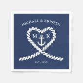 Nautisch Blauw Touw Hart Anker Monogram Bruiloft Servet (Voorkant)