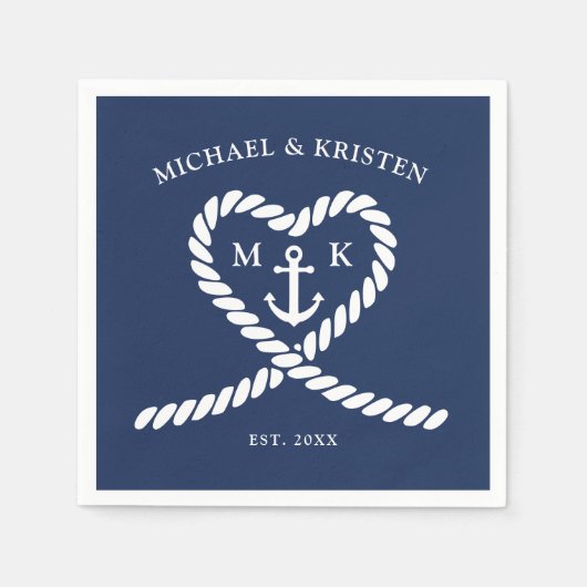 Nautisch Blauw Touw Hart Anker Monogram Bruiloft Servet (Voorkant)