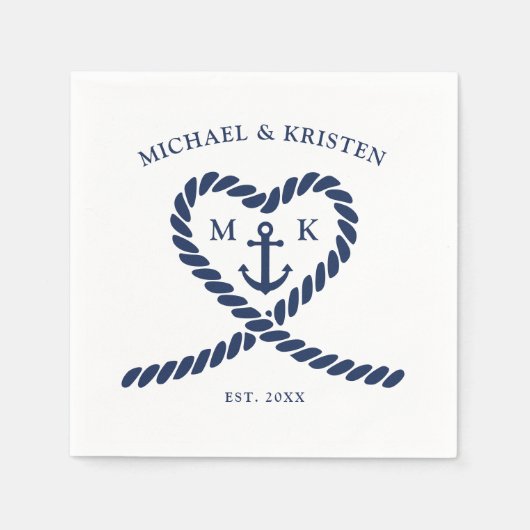 Nautisch Blauw Touw Hart Anker Monogram Bruiloft Servet (Voorkant)