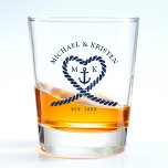 Nautisch Blauw Touw Hart Anker Monogram Bruiloft Shot Glas<br><div class="desc">Nautisch blauw en wit bruiloft shot glas voor een bruid en bruidegom. Geweldig voor een marine (militair) of meerhuis bruiloft. Design beschikt over een hartvormig touw met anker en paar initialen in het midden. Personaliseer het met je trouwgegevens.</div>