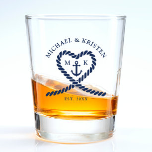 Nautisch Blauw Touw Hart Anker Monogram Bruiloft Shot Glas