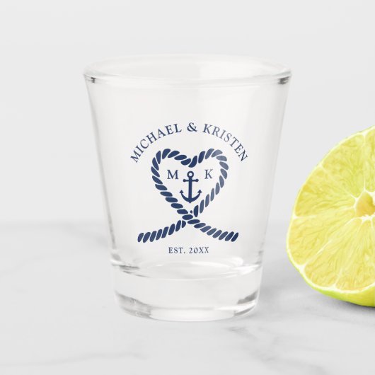 Nautisch Blauw Touw Hart Anker Monogram Bruiloft Shot Glas (Voorkant)