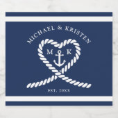 Nautisch Blauw Touw Hart Anker Monogram Bruiloft Sparkling Wijnetiket (Enkel label)