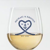 Nautisch Blauw Touw Hart Anker Monogram Bruiloft Wijnglas Zonder Voet