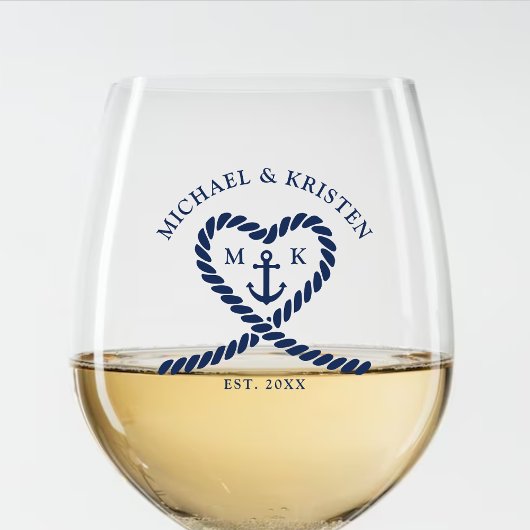 Nautisch Blauw Touw Hart Anker Monogram Bruiloft Wijnglas Zonder Voet