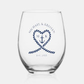 Nautisch Blauw Touw Hart Anker Monogram Bruiloft Wijnglas Zonder Voet (Voorkant)