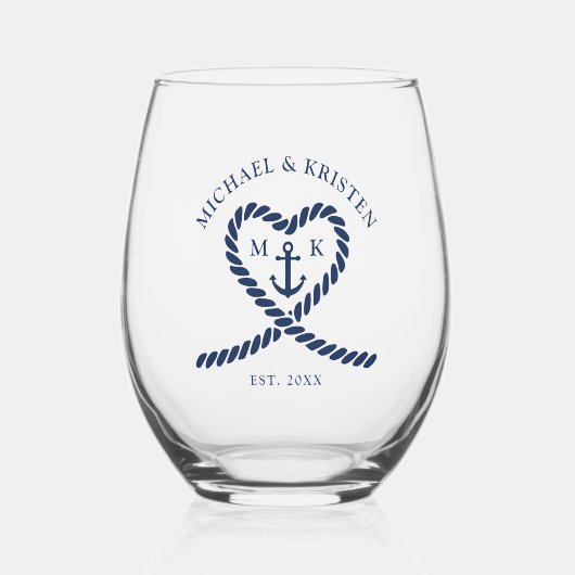 Nautisch Blauw Touw Hart Anker Monogram Bruiloft Wijnglas Zonder Voet (Voorkant)