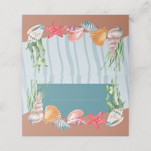 Nautisch Blauw Tropische Zeeschelp Strandbruiloft Plaatskaartje (Buitenkant ongevouwen)