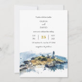 Nautisch Blauw Vuurtoren Waterverf Strand Wedding Kaart (Voorkant)