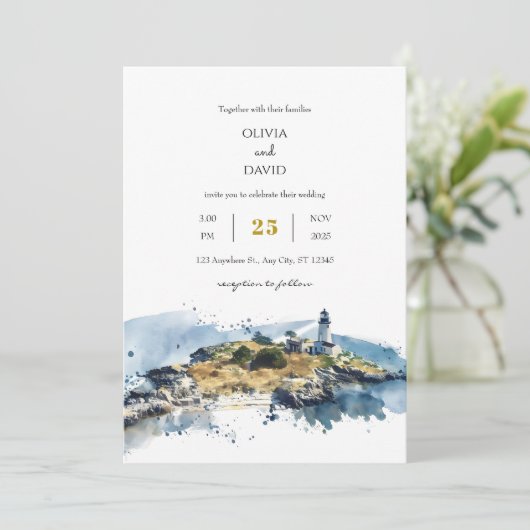Nautisch Blauw Vuurtoren Waterverf Strand Wedding Kaart (Staand voorkant)