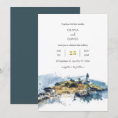 Nautisch Blauw Vuurtoren Waterverf Strand Wedding Kaart (Voorkant / Achterkant)