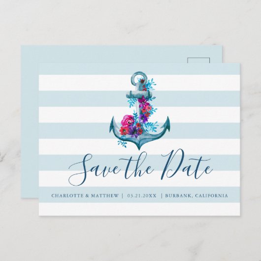 Nautisch Blauw Waterverf Anker Sla de datum op Aankondigingskaart (Voorkant / Achterkant)
