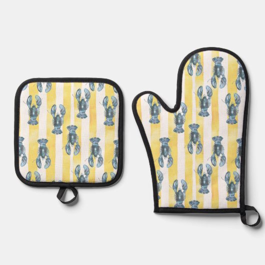 nautisch blauw Waterverf kreeft geel streep Ovenwant & Pannenlap Set (Voorkant)