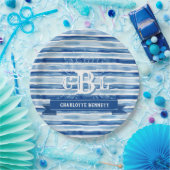 Nautisch blauw Waterverf streep volledig monogram Papieren Bordje (Feest)