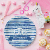 Nautisch blauw Waterverf streep volledig monogram Papieren Bordje (Feest)