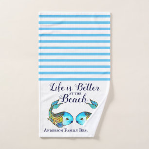 Nautisch blauw Waterverf vis familie strand huis Handdoek