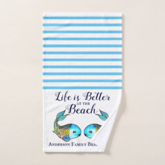 Nautisch blauw Waterverf vis familie strand huis Handdoek