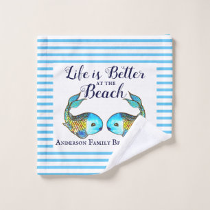 Nautisch blauw Waterverf vis familie strand huis Washandje