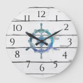 Nautisch Blauw Wiel Schip Rustiek Decor Grote Klok (Voorkant)