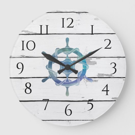 Nautisch Blauw Wiel Schip Rustiek Decor Grote Klok (Voorkant)