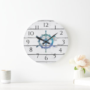 Nautisch Blauw Wiel Schip Rustiek Decor Grote Klok