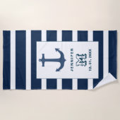 Nautisch blauw wit anker gepersonaliseerd monogram strandlaken (Voorkant)