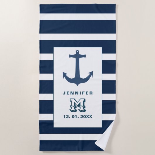 Nautisch blauw wit anker gepersonaliseerd monogram strandlaken (Voorkant)