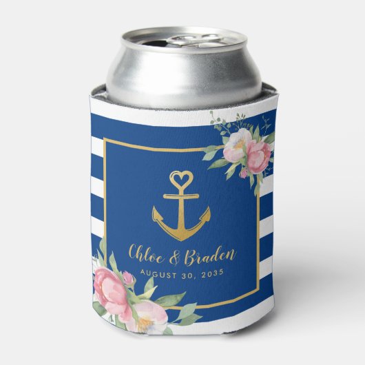 Nautisch Blauw Wit Streep Anker Hart Wedding Blikjeskoeler (Blikje Voorkant)
