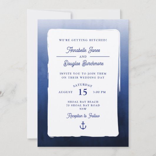 Nautisch Blauw Wit Waterverf Gradient Wedding Kaart (Voorkant)