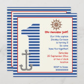 Nautisch blauw, wit zeilboot 1e verjaardagsfeestje kaart (Voorkant / Achterkant)