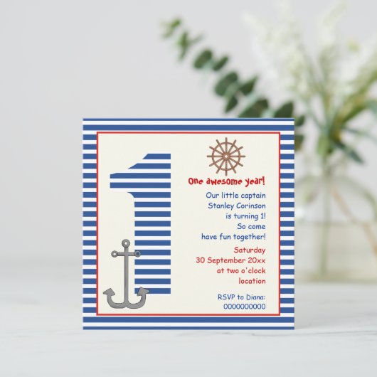 Nautisch blauw, wit zeilboot 1e verjaardagsfeestje kaart (Staand voorkant)