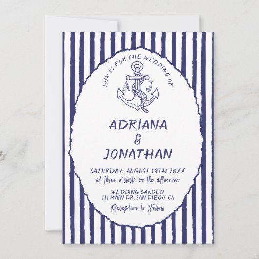 Nautisch Blauw Witte Strepen Huwelijksuitnodiging Kaart (Voorkant)