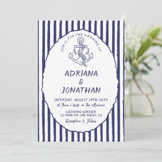 Nautisch Blauw Witte Strepen Huwelijksuitnodiging Kaart (Staand voorkant)