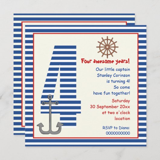 Nautisch blauw, witte zweefboot vierde verjaardags kaart (Voorkant / Achterkant)