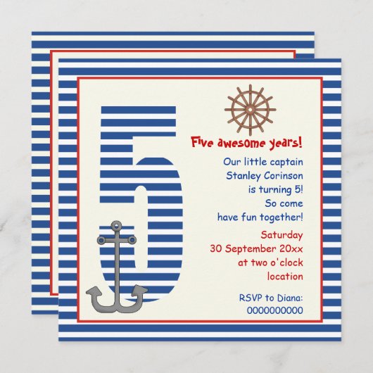 Nautisch blauw, witte zweefboot vijfde verjaardag kaart (Voorkant / Achterkant)