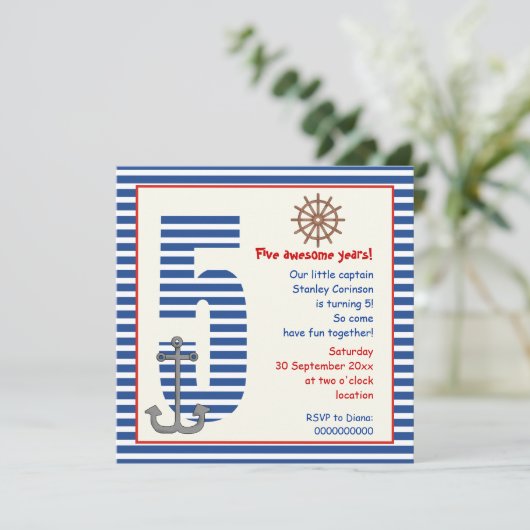 Nautisch blauw, witte zweefboot vijfde verjaardag kaart (Staand voorkant)