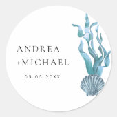 Nautisch Blauw Zeeschelp Kust Custom Wedding Ronde Sticker (Voorkant)