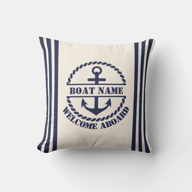Nautisch blauwe anker aangepaste bootnaam kussensl kussen (Voorkant)