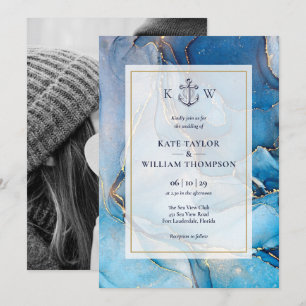 Nautisch blauwe goud agaat monogram trouwfoto kaart