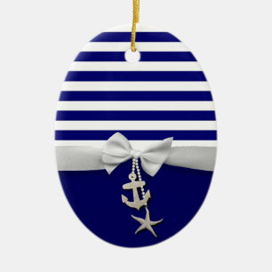 Nautisch-blauwe streep wit lint & charms grafisch keramisch ornament