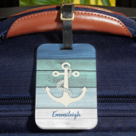 Nautisch blauwe turquoise verweerde houten anker bagagelabel