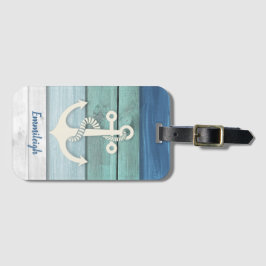 Nautisch blauwe turquoise verweerde houten anker bagagelabel
