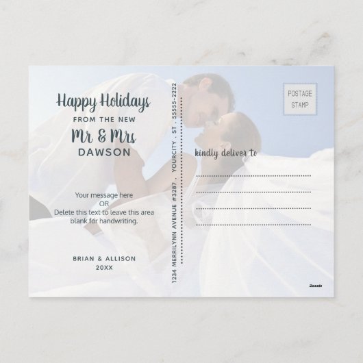 Nautisch Blij & Getrouwd, Turkooizen Strepen, Twee Feestdagenkaart (Achterkant)