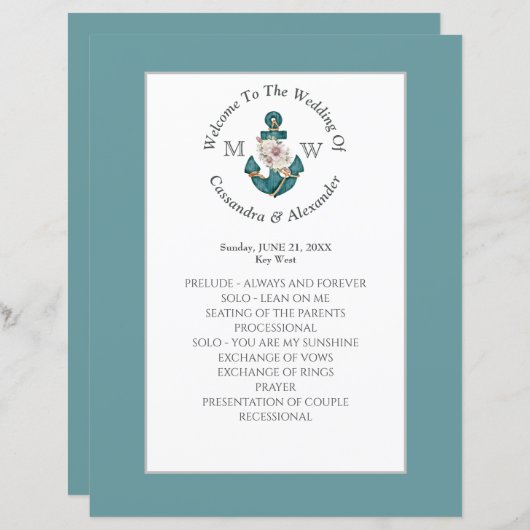 Nautisch Bloemen Anker Blauwgroen Blauw Huwelijksp (Voorkant / Achterkant)