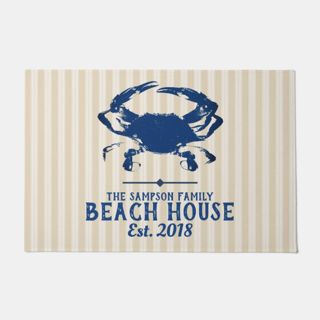 Nautisch Blue Crab & Stripes Beach House Deurmat (Voorkant)