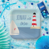 Nautisch, boot, vuurtoren, blauwe verjaardag papieren bordje (Feest)