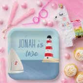 Nautisch, boot, vuurtoren, blauwe verjaardag papieren bordje (Feest)