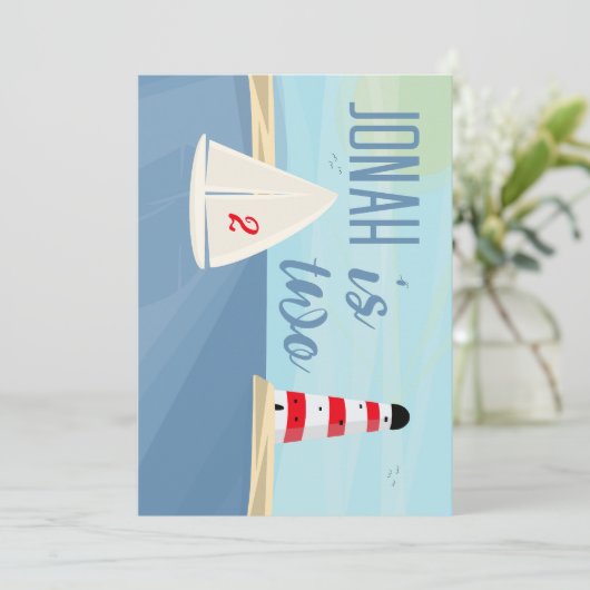 Nautisch, boot, vuurtoren, blauwe verjaardagsfeest kaart (Staand voorkant)