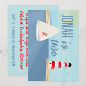 Nautisch, boot, vuurtoren, blauwe verjaardagsfeest kaart (Voorkant / Achterkant)