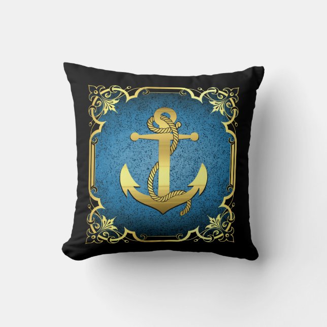 Nautisch bootanker silhouet/goud/blauw/zwart kussen (Voorkant)